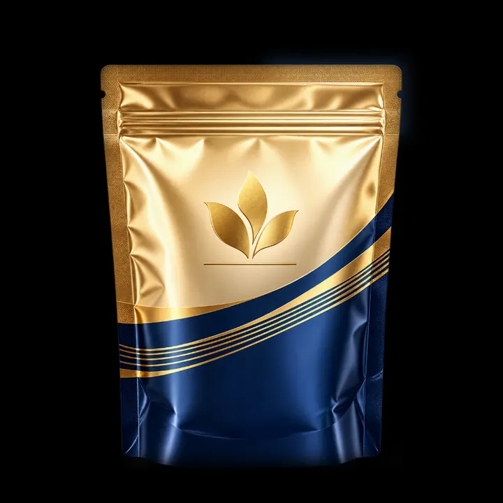 A gold and navy stand-up pouch.