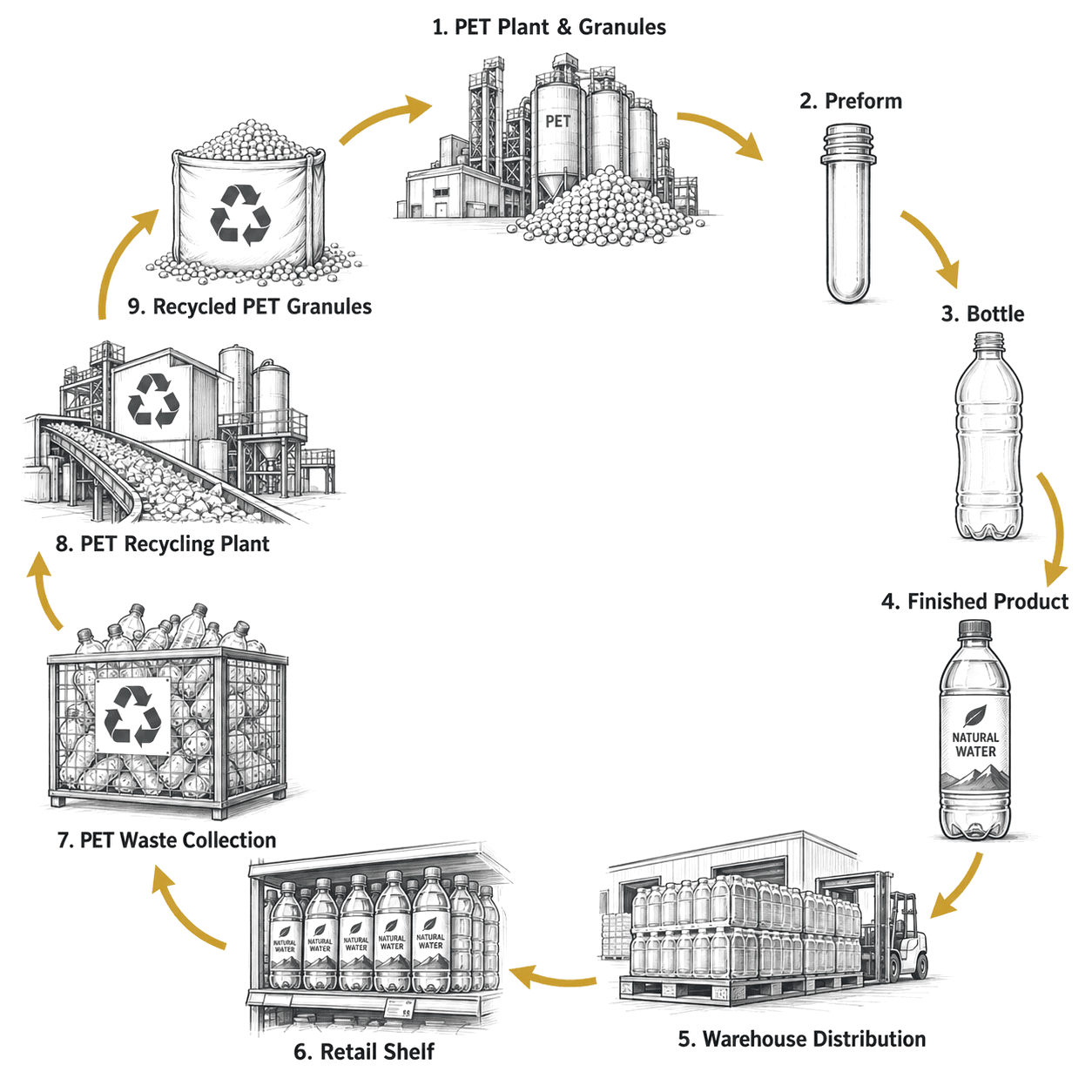 PET bottle life cycle in nine steps: 1 PET plant and granules, 2 preform, 3 bottle, 4 finished product, 5 warehouse distribution, 6 retail shelf, 7 PET waste collection, 8 PET recycling plant, 9 recycled PET granules.