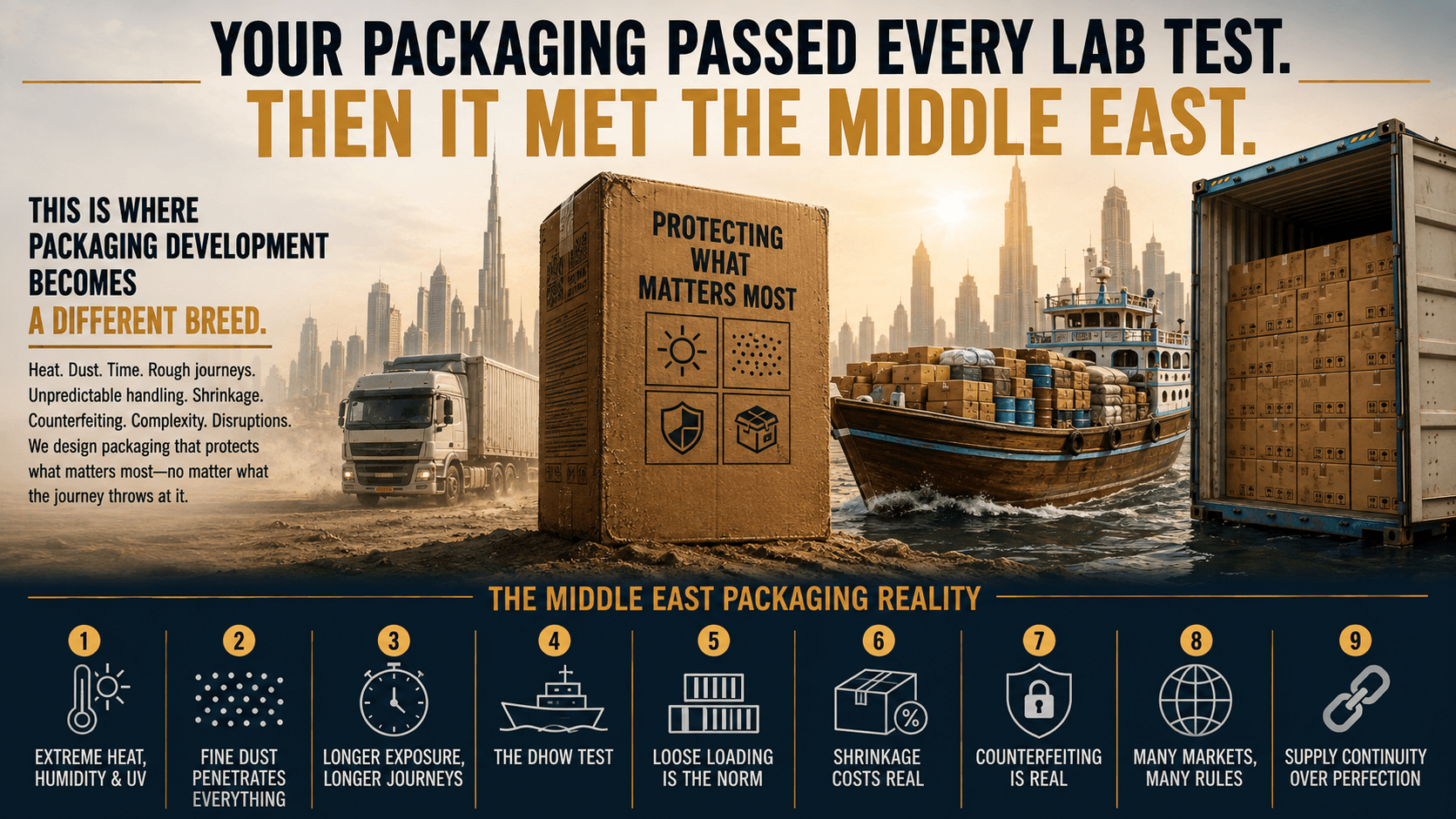 Infographic: Your packaging passed every lab test. Then it met the Middle East. A truck in desert dust, a carton marked Protecting what matters most, a loaded dhow and a container of loosely loaded cartons. The Middle East packaging reality: 1 extreme heat, humidity and UV; 2 fine dust penetrates everything; 3 longer exposure, longer journeys; 4 the dhow test; 5 loose loading is the norm; 6 shrinkage costs real; 7 counterfeiting is real; 8 many markets, many rules; 9 supply continuity over perfection.