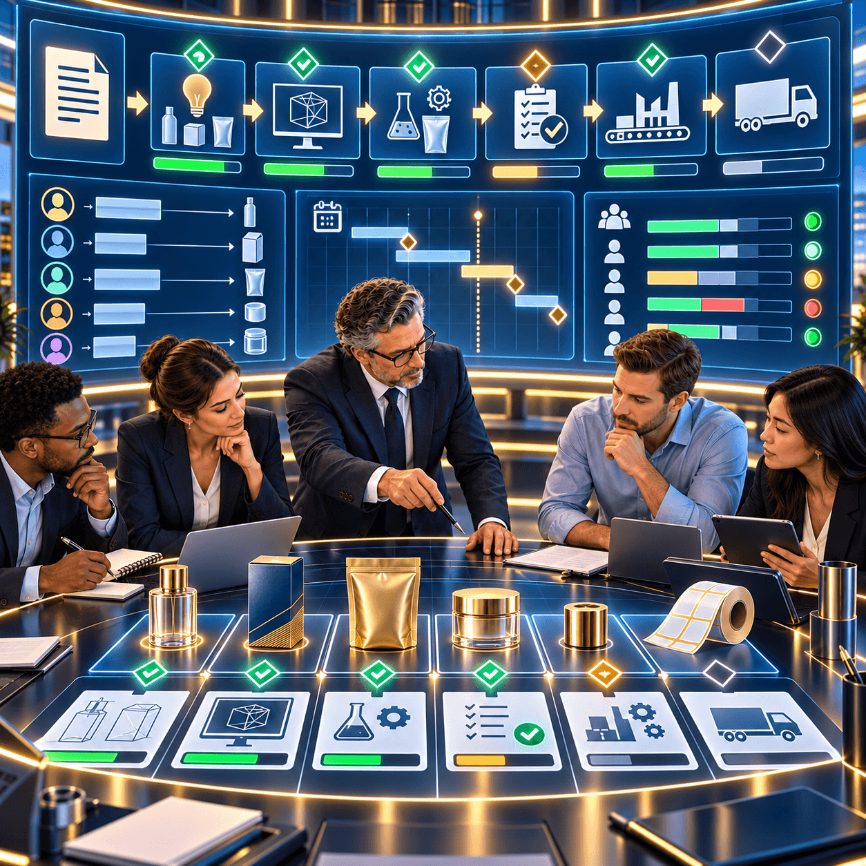 A leadership team around a table with packaging samples, reviewing a project dashboard of development stages, timelines and supplier status.